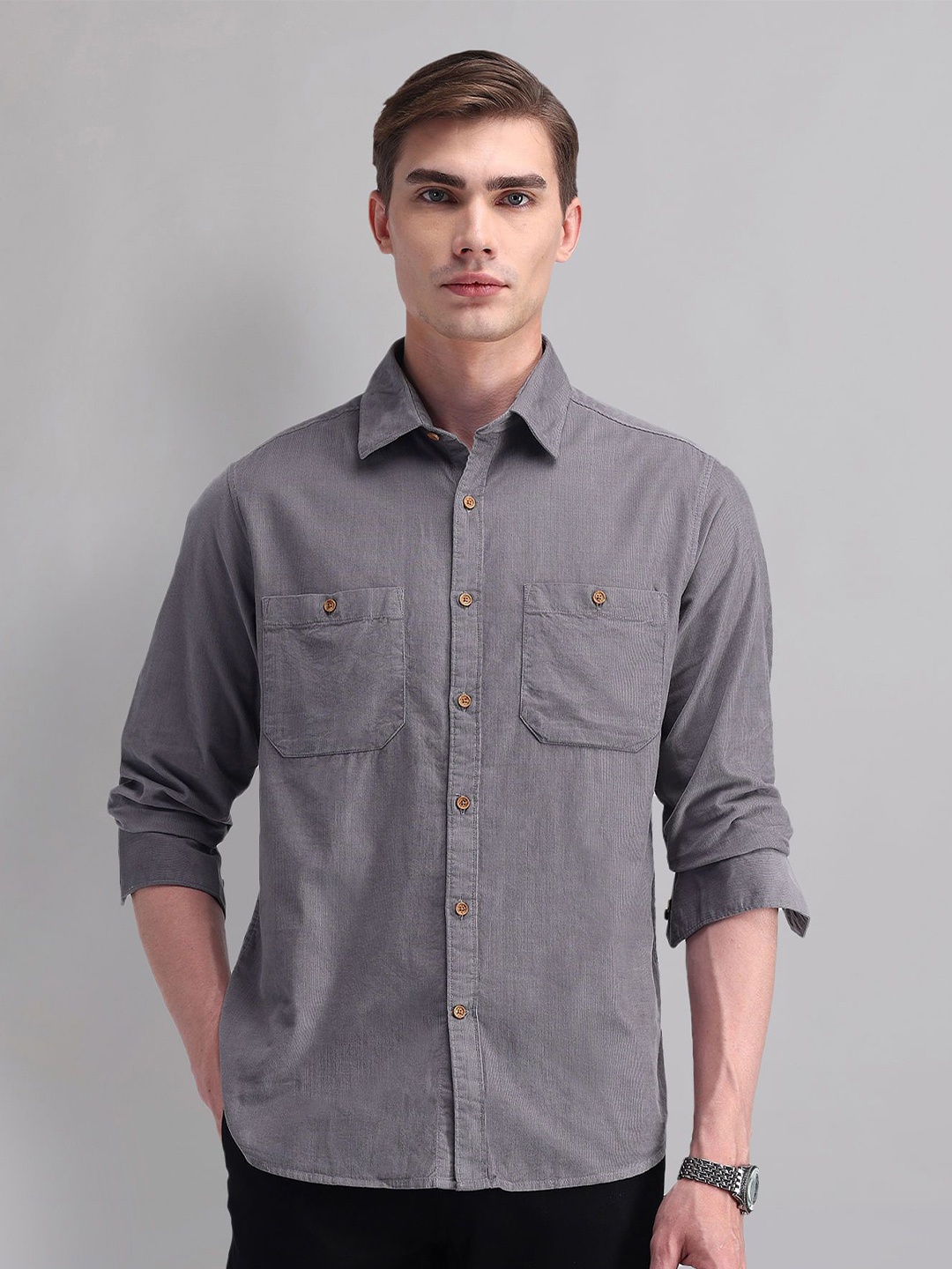 

AD By Arvind Men Spread Collar Solid Cotton Slim Fit Casual Shirt, Grey