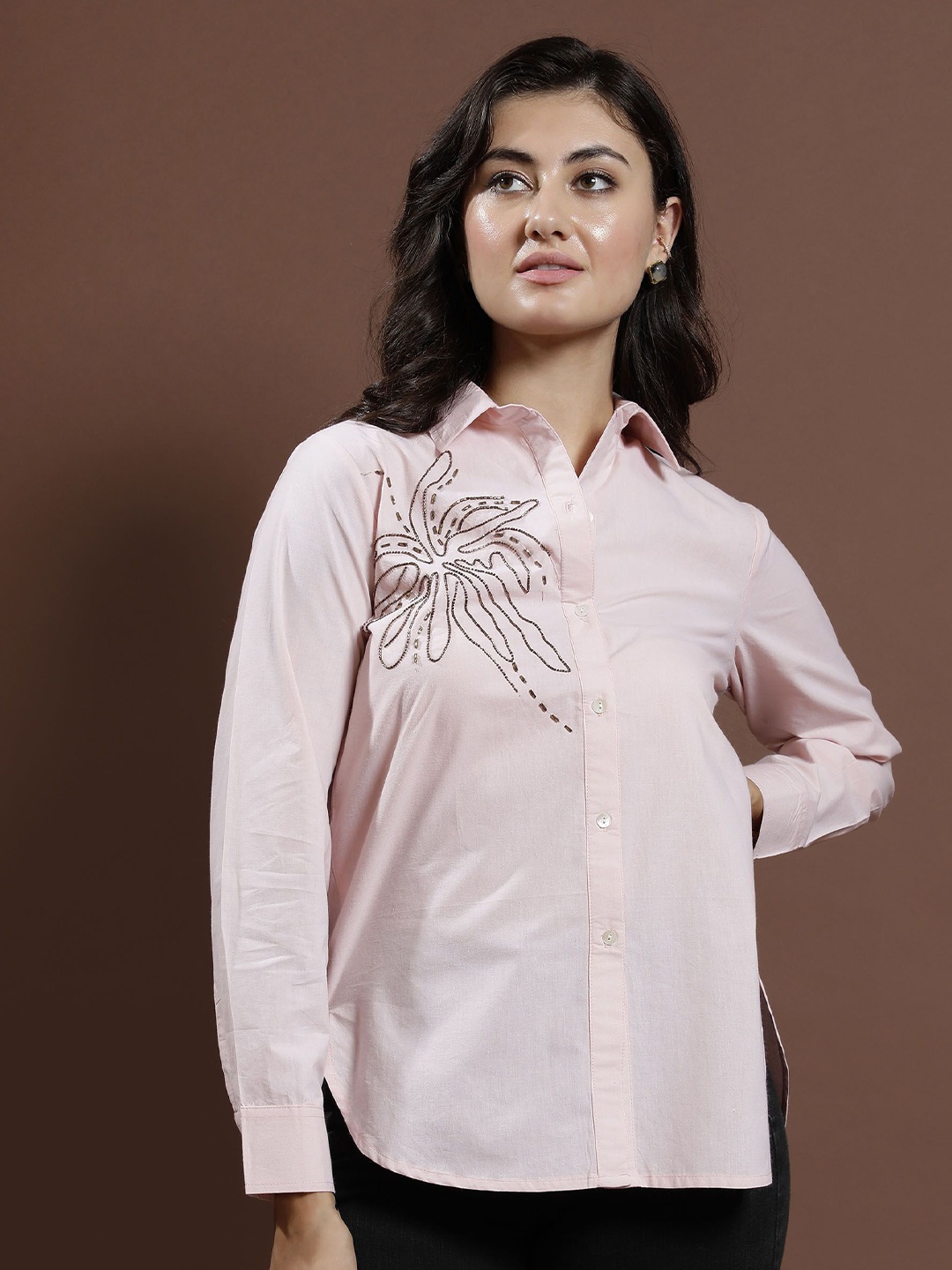 

Athena Women Embellished Shirt Collar Cotton Top, Pink