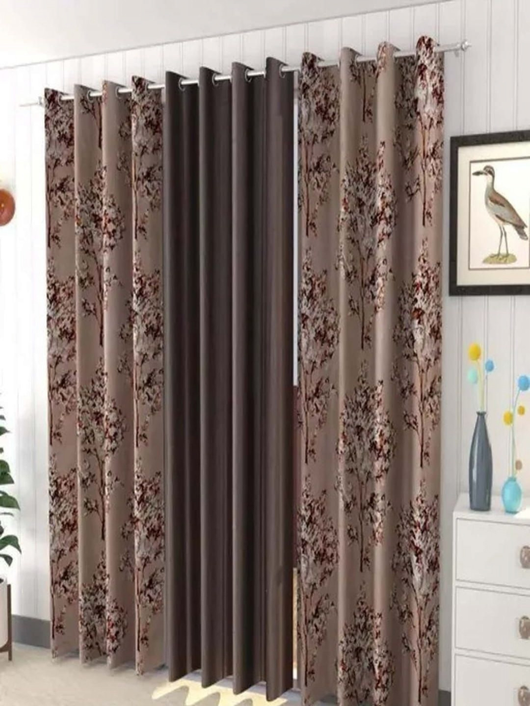 

AADI TRADERS Brown & Beige 3 Pieces Floral Eyelet Window Curtain
