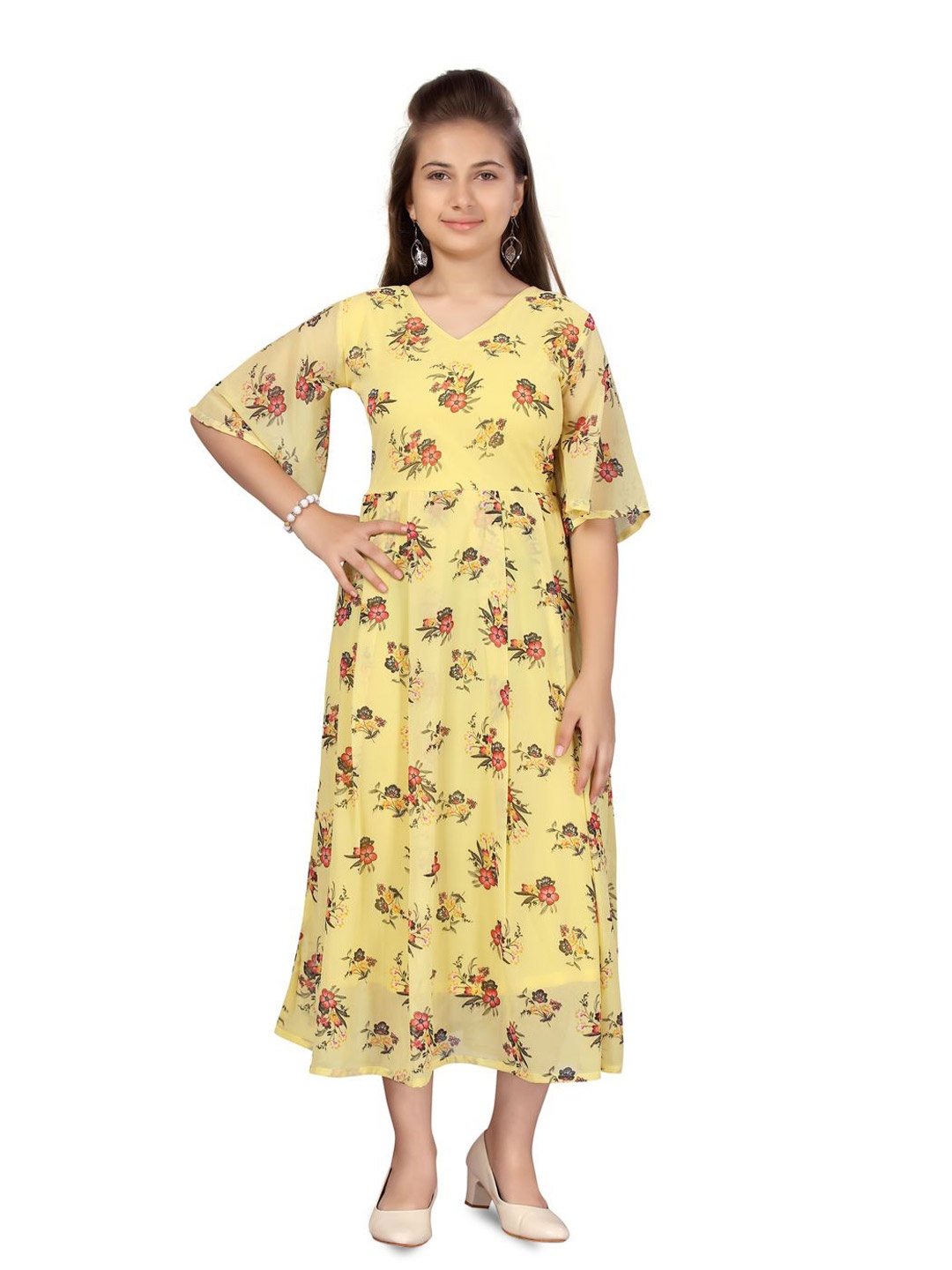 

BAESD Floral Print Flared Sleeve Georgette Fit & Flare Midi Dress, Yellow