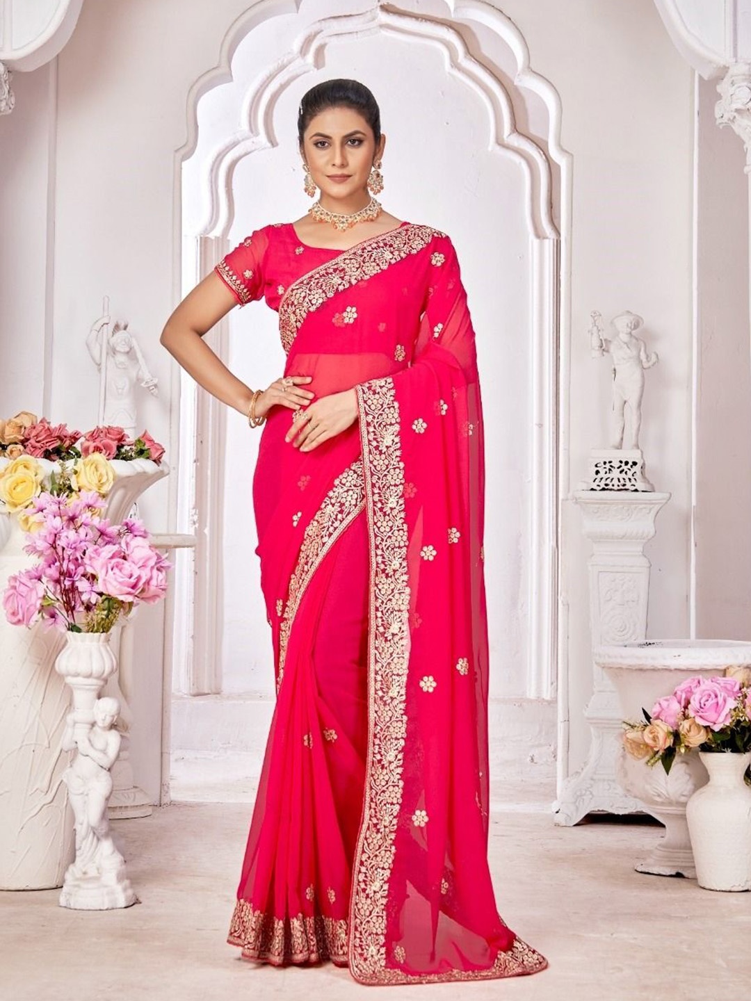 

Mitera Floral Embroidered Pure Georgette Saree, Pink