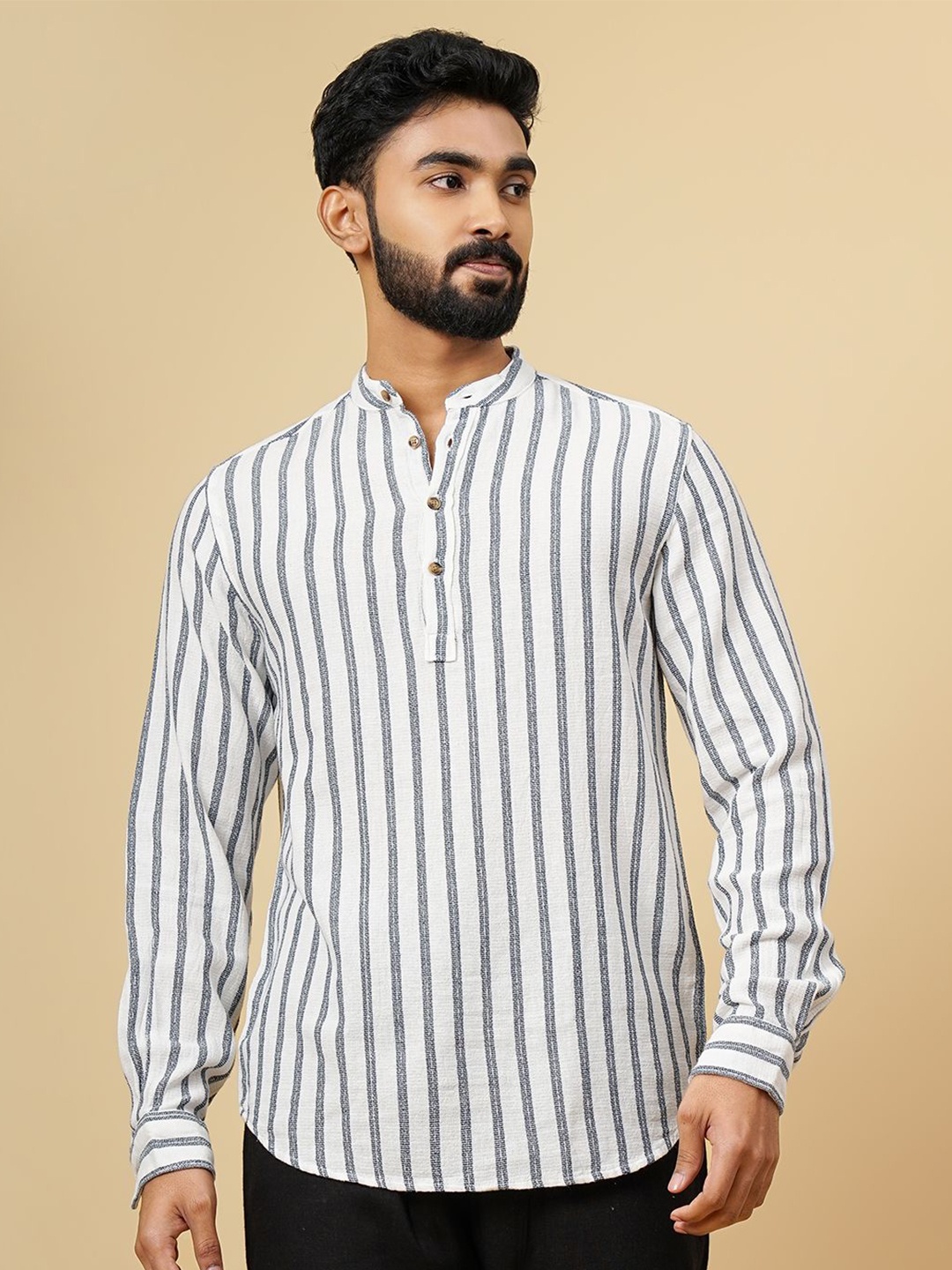 

JADE BLUE Men Mandarin Collar Vertical Striped Cotton Slim Fit Casual Shirt, White