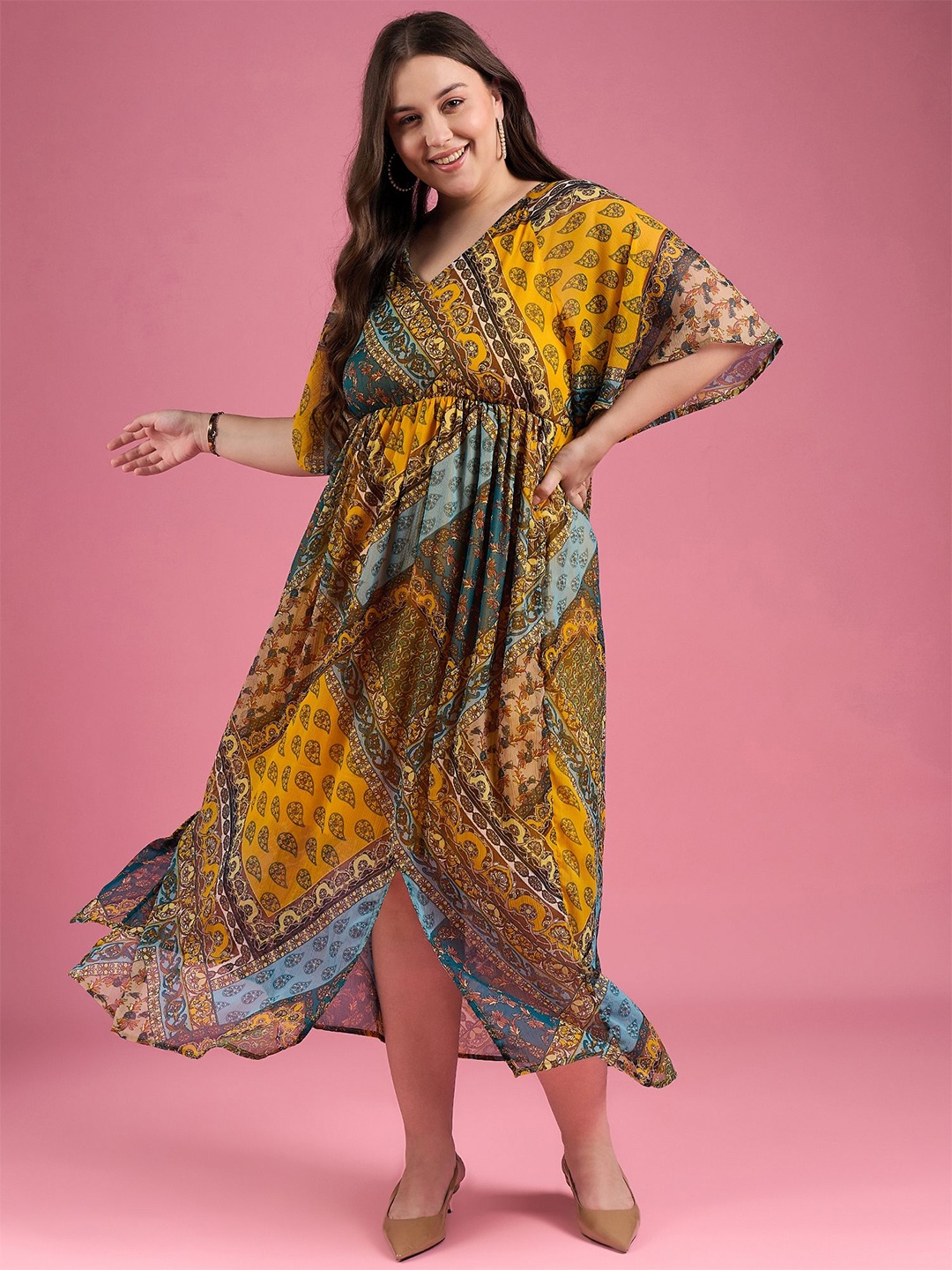 

DressBerry Curve Plus Size Printed Flared Sleeve Georgette Maxi Dress, Yellow