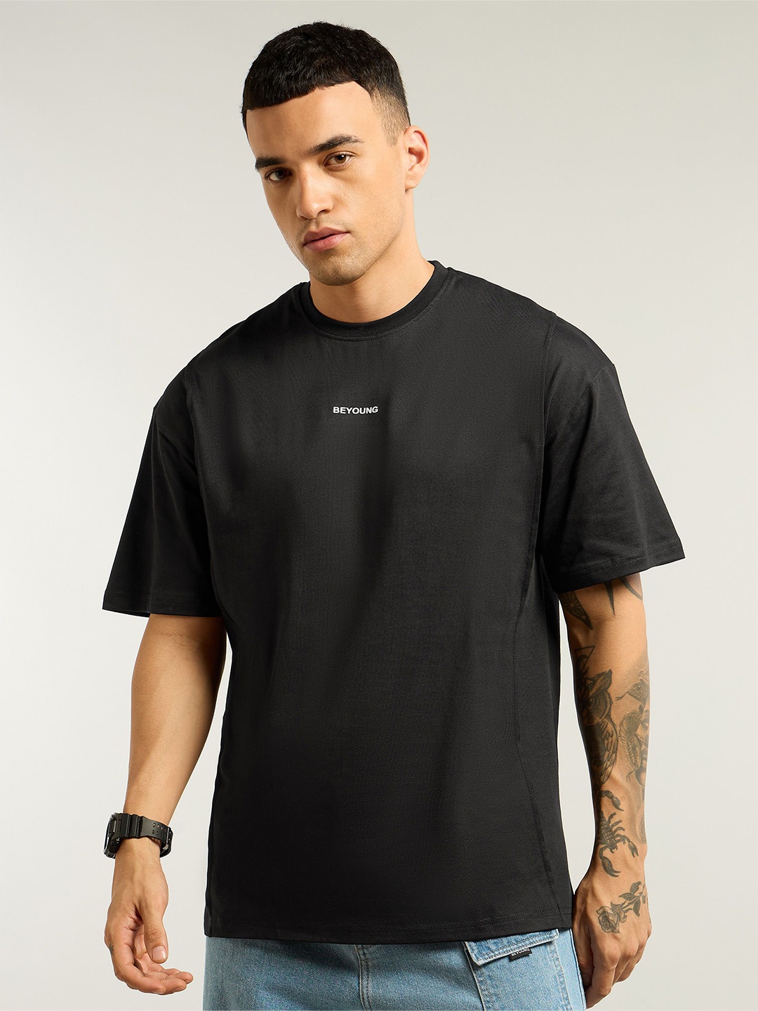

Beyoung Men Solid Round Neck Cotton Oversized T-shirt, Black