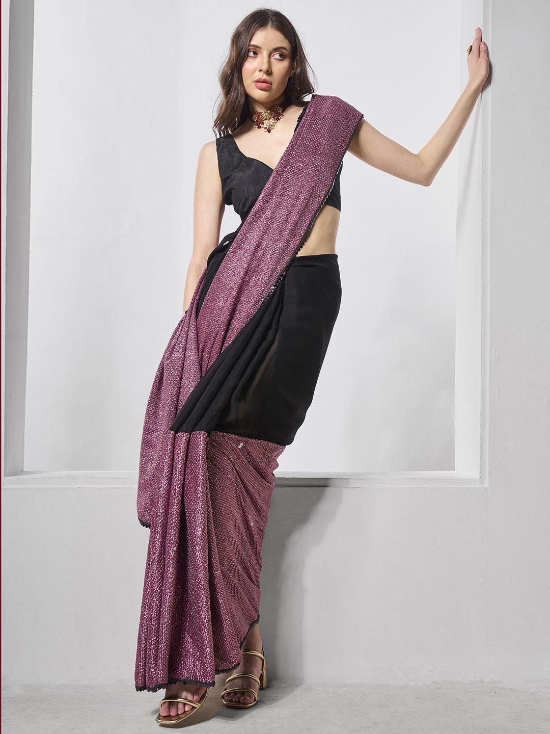 

Mitera Embellished Sequinned Saree, Black