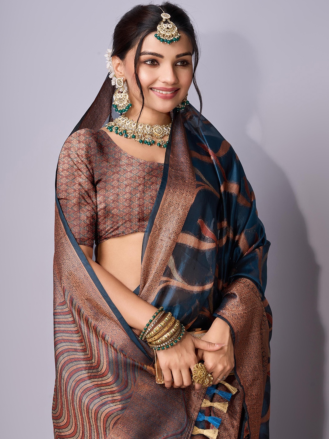

Mitera Woven Design Zari Organza Saree, Navy blue