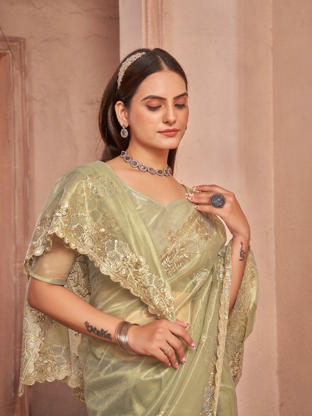 

Mitera Embellished Embroidered Organza Saree, Green