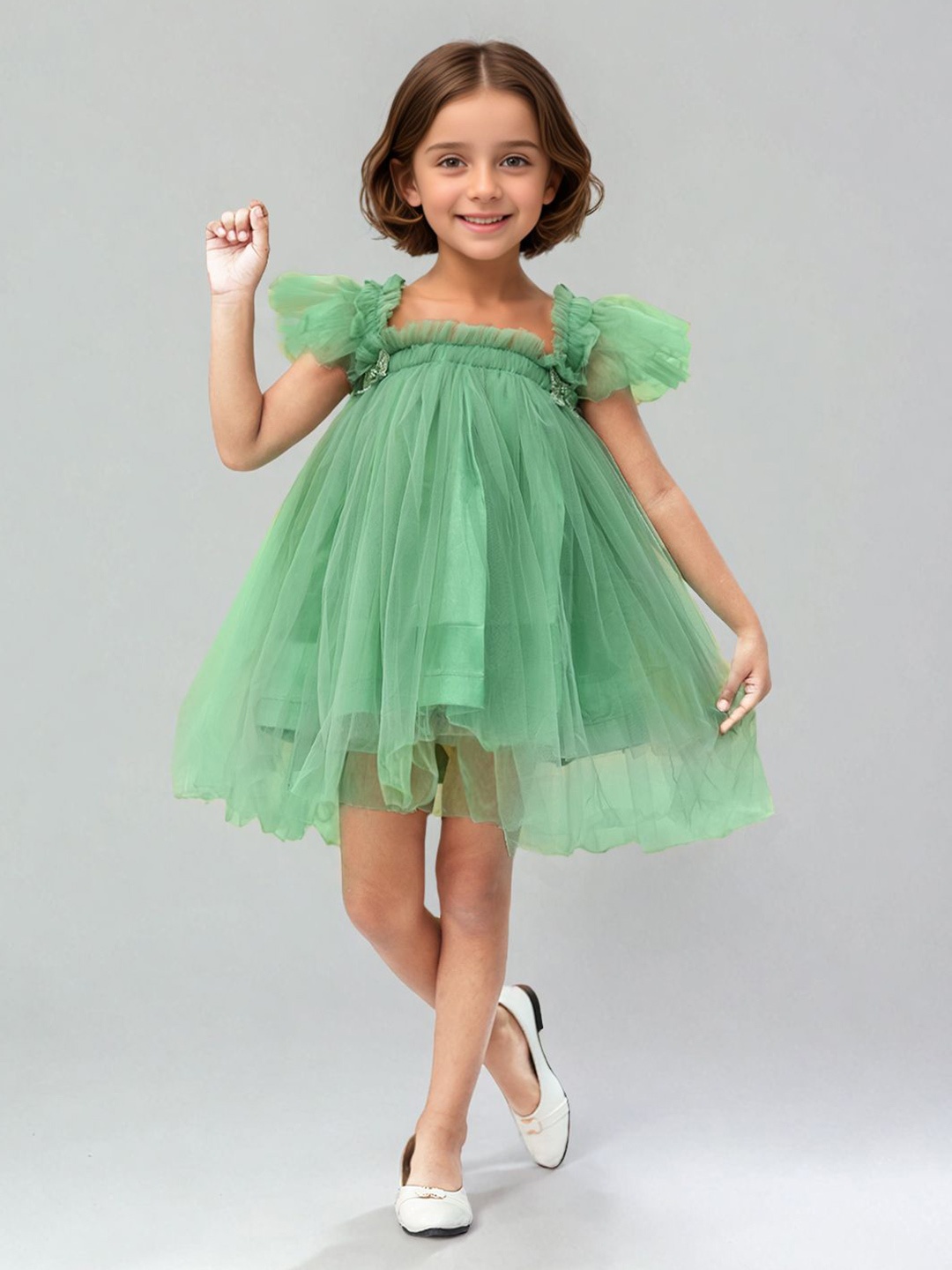 

Toonyport Flutter Sleeve Net Fit & Flare Dress, Green