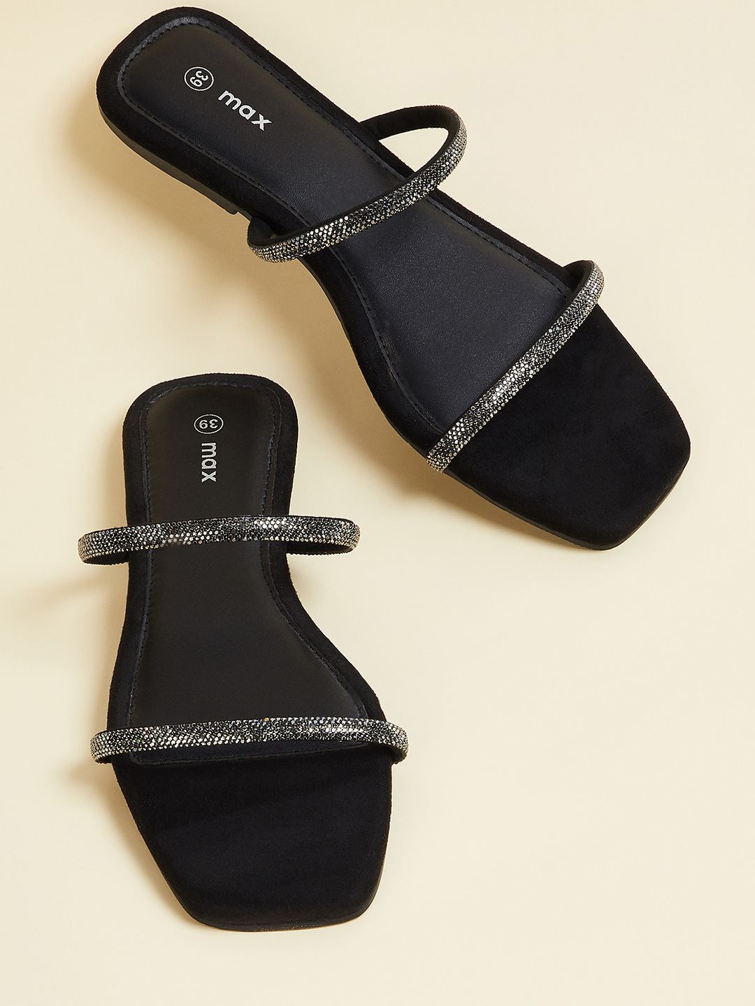 

max Embellished Strap Flats, Black