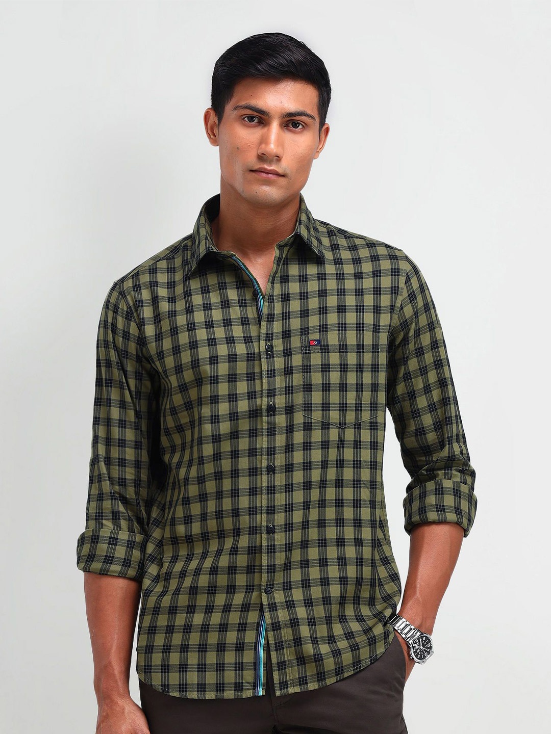 

AD By Arvind Men Spread Collar Gingham Checked Cotton Slim Fit Casual Shirt, Green