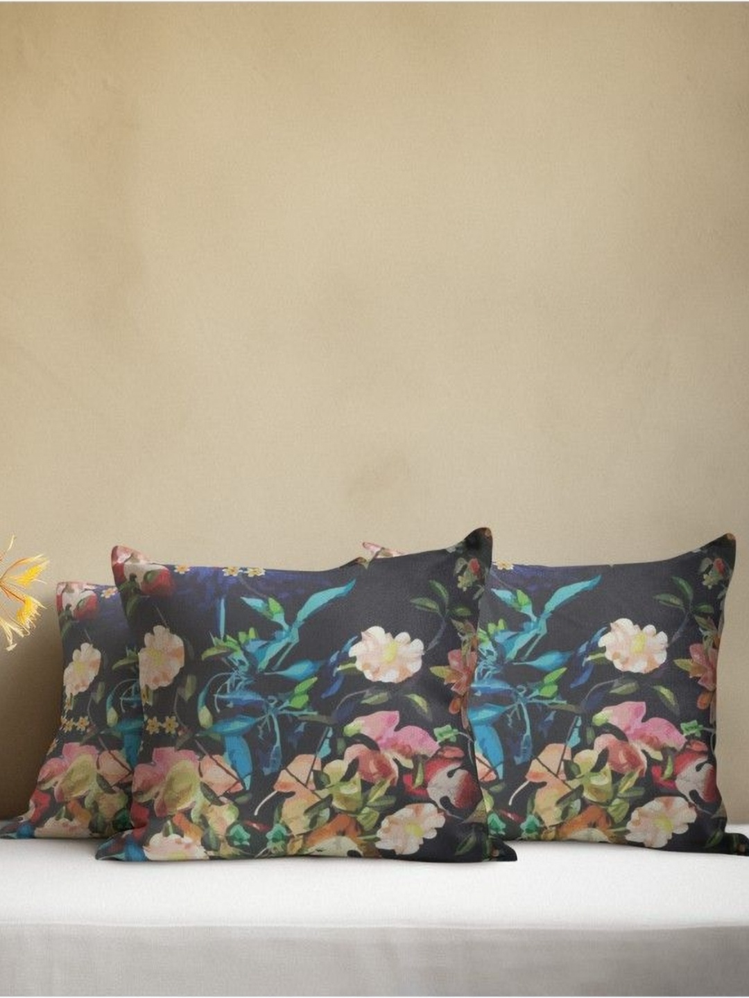 

THEYAYACAFE Black & Blue 3 Pieces Floral Printed Velvet Square Cushion Covers