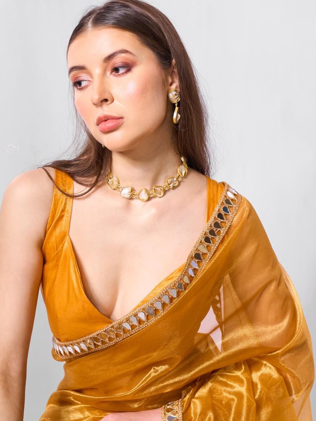 

Kalista Mirror Work Organza Saree, Gold