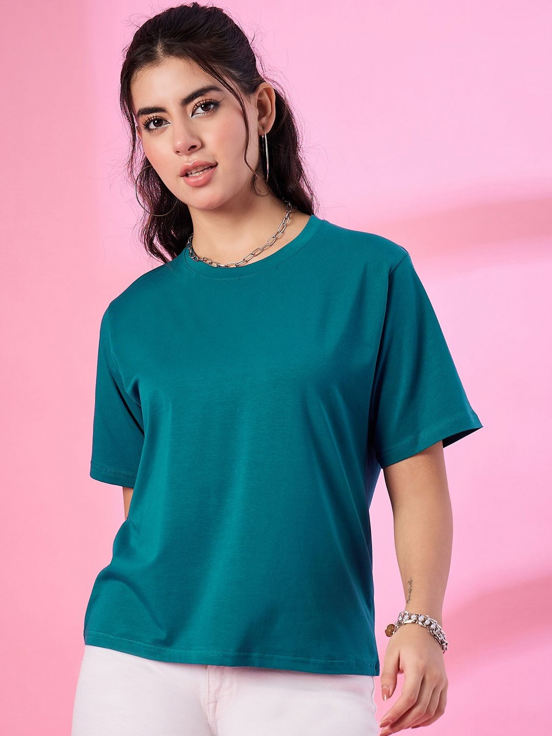 

CUPID Women Solid Round Neck Cotton Oversized T-shirt, Teal