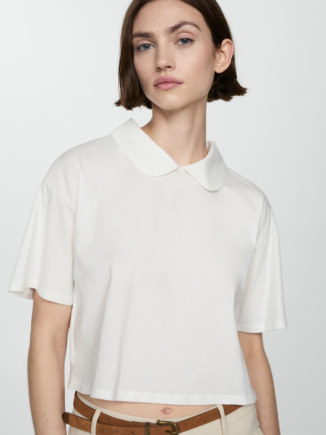 

MANGO Peter Pan Collar Drop-Shoulder Sleeves Pure Cotton Cropped T-shirt, White