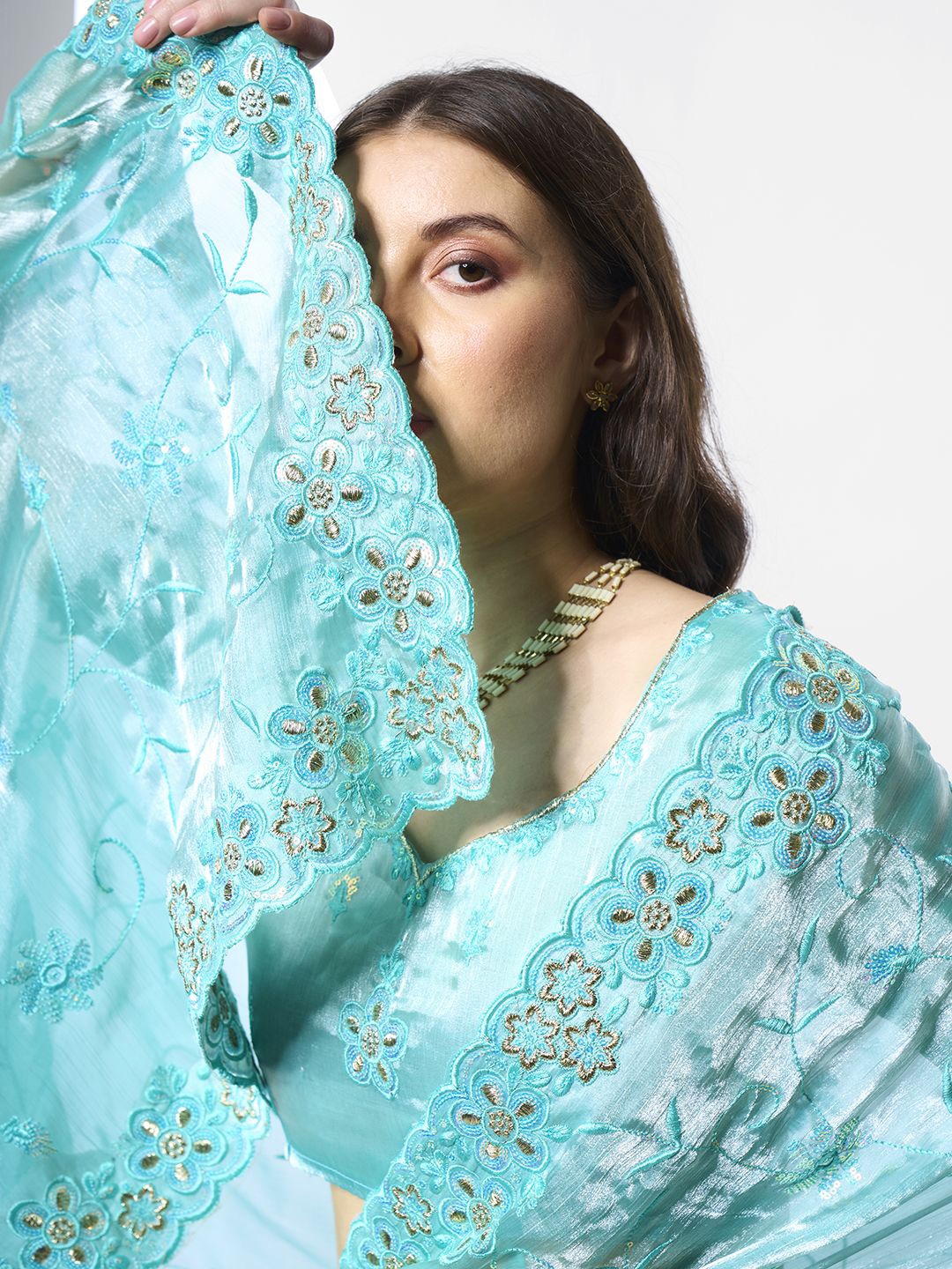 

Kalista Floral Embroidered Organza Saree, Turquoise blue