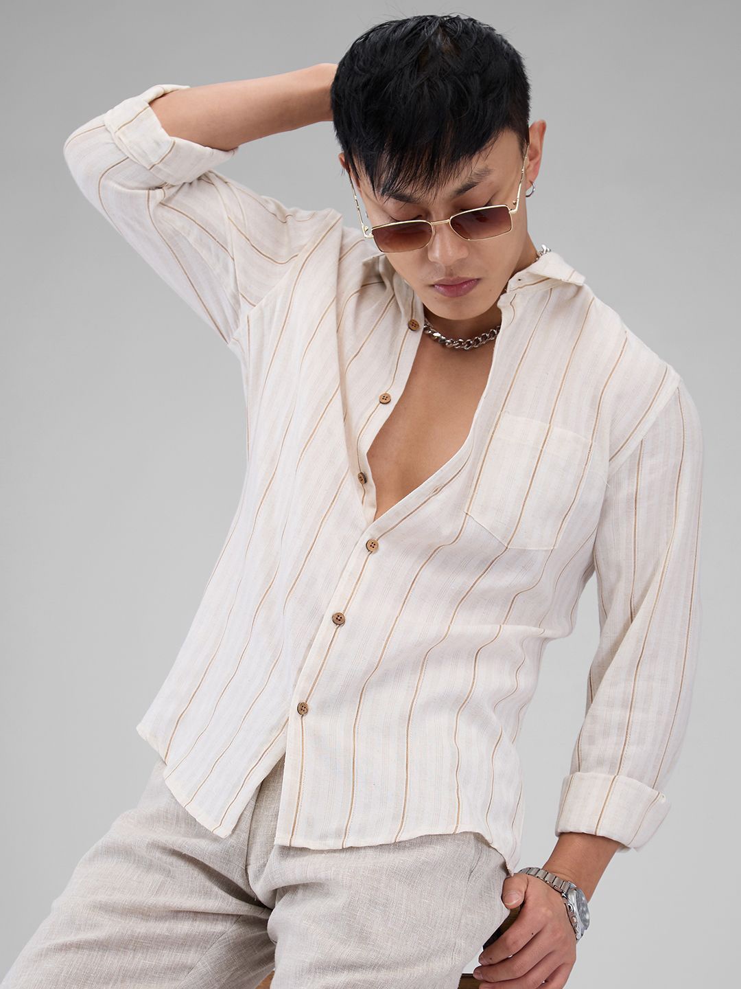 

VASTRADO Men Classic Vertical Striped Cotton Slim Fit Casual Shirt, Beige