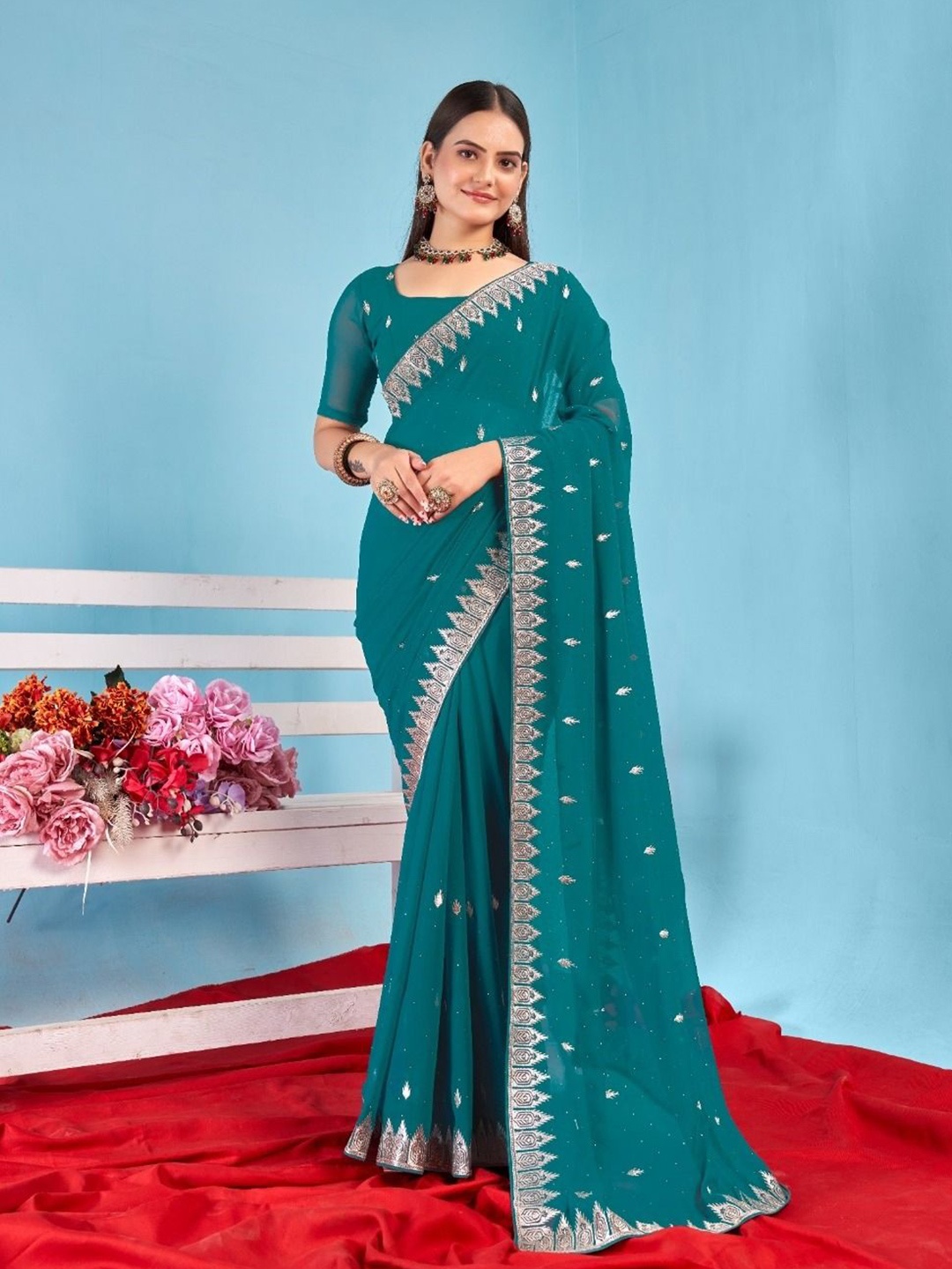 

Mitera Ethnic Motifs Beads and Stones Pure Georgette Saree, Teal