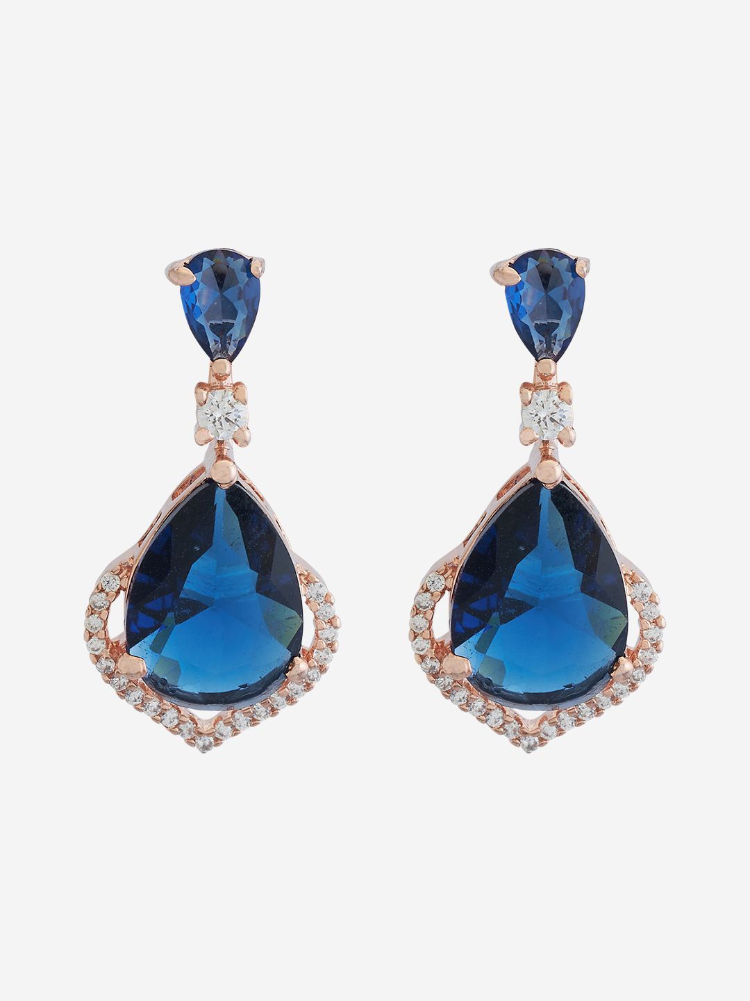 

Kushal's Fashion Jewellery Cubic Zirconia Rose Gold-Plated Teardrop Shaped Drop Earrings, Blue