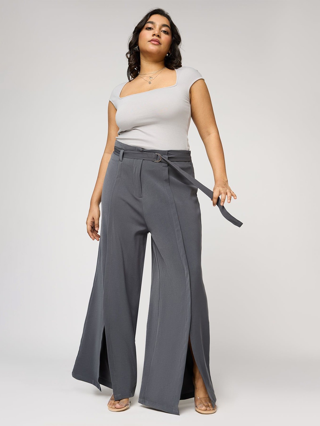 

FREAKINS Women Curve Belted Flared Korean Pant, Grey