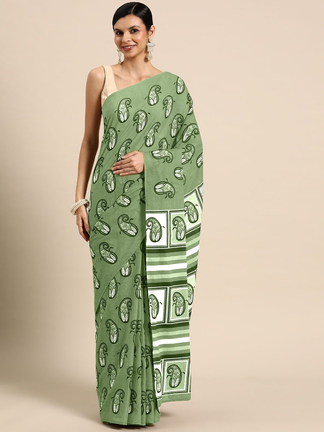 

BUTA BUTI Paisley Pure Cotton Saree, Green