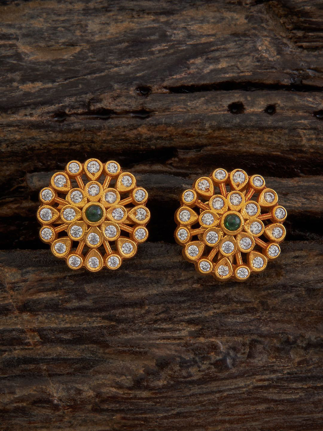 

Kushal's Fashion Jewellery 92.5 Pure Silver Gold-Plated Stone Studded Floral Temple Studs, Green