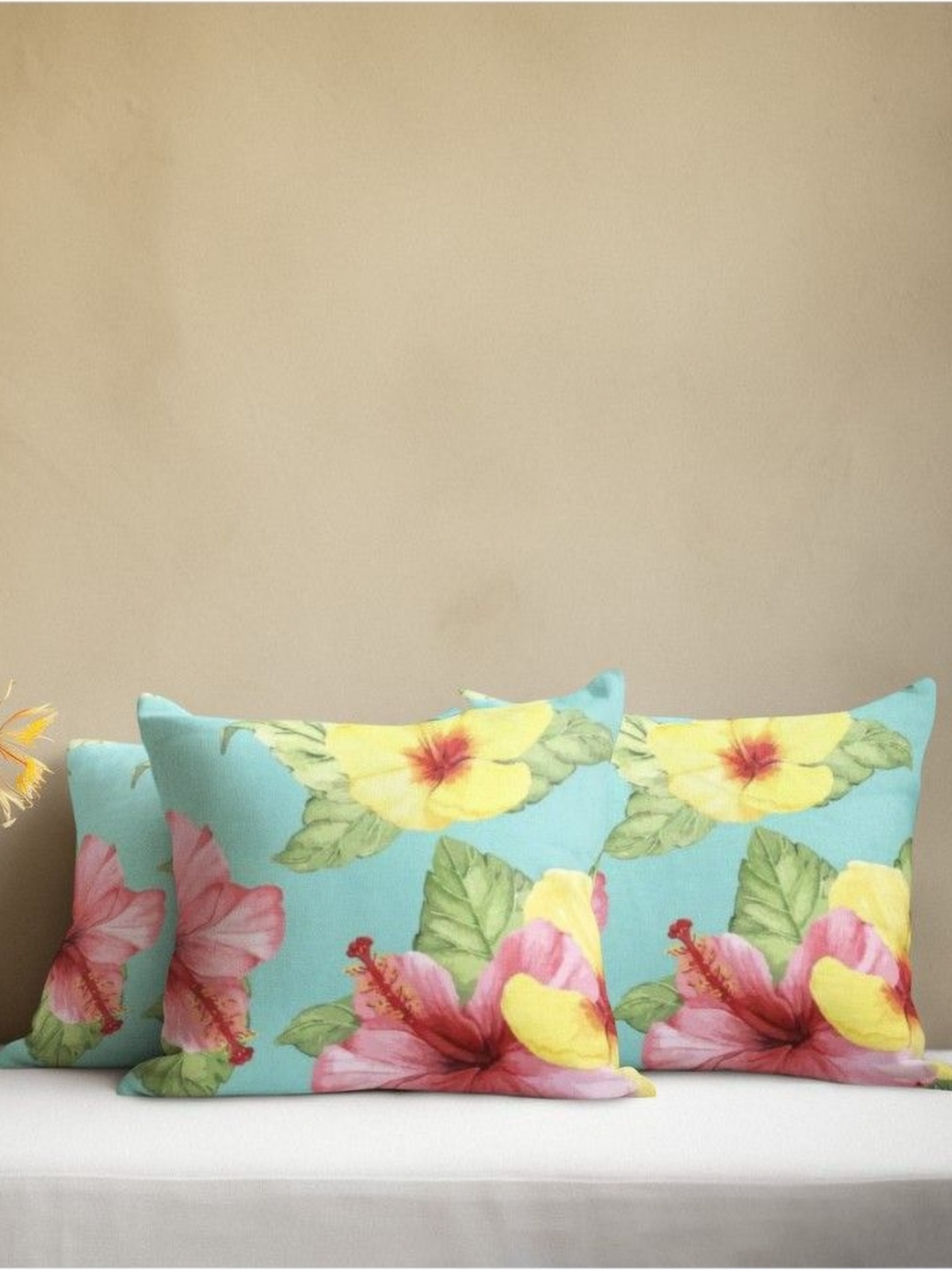 

THEYAYACAFE Blue & Yellow 3 Pieces Floral Velvet Square Cushion Covers
