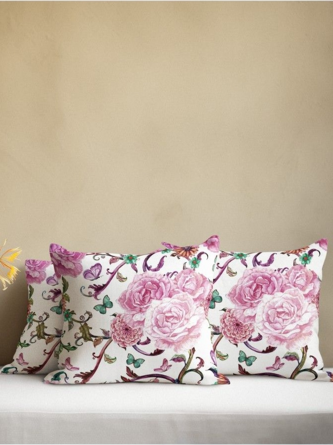 

THEYAYACAFE White & Pink 3 Pieces Floral Velvet Square Cushion Covers
