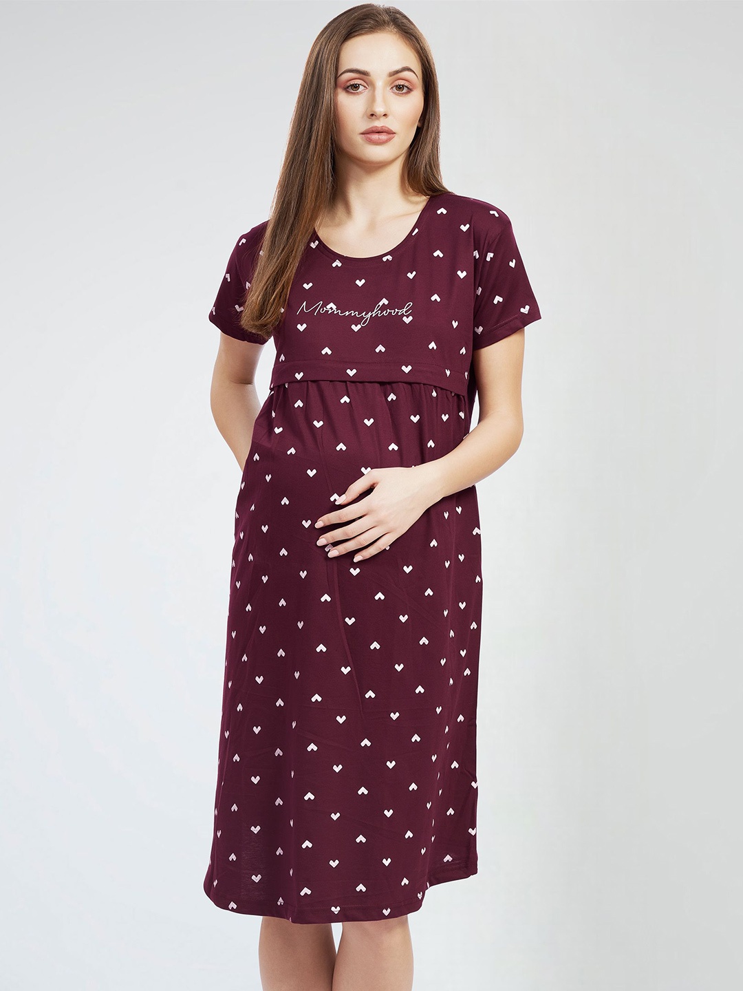 

PASTEL CLIP Heart Printed Pure Cotton Maternity T-Shirt Nightdress, Maroon