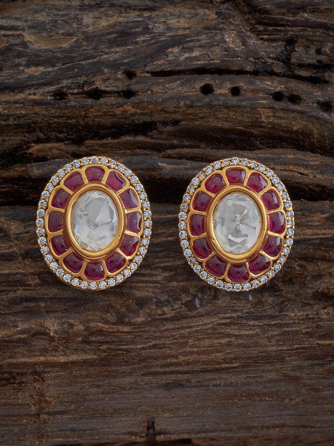 

Kushal's Fashion Jewellery Kundan Stone Studded Oval Studs, Red