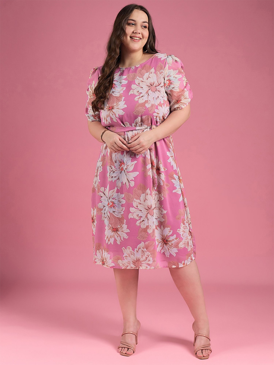 

DressBerry Curve Women Floral Printed Fit And Flare Midi Dress, Pink