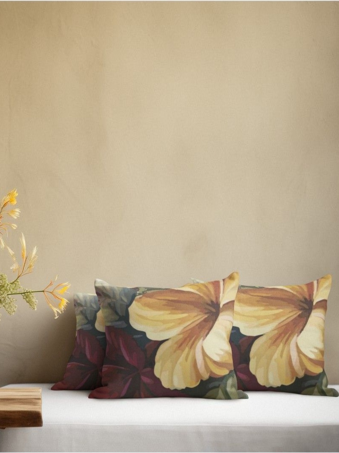 

THEYAYACAFE Beige & Green 3 Pieces Floral Velvet Square Cushion Covers