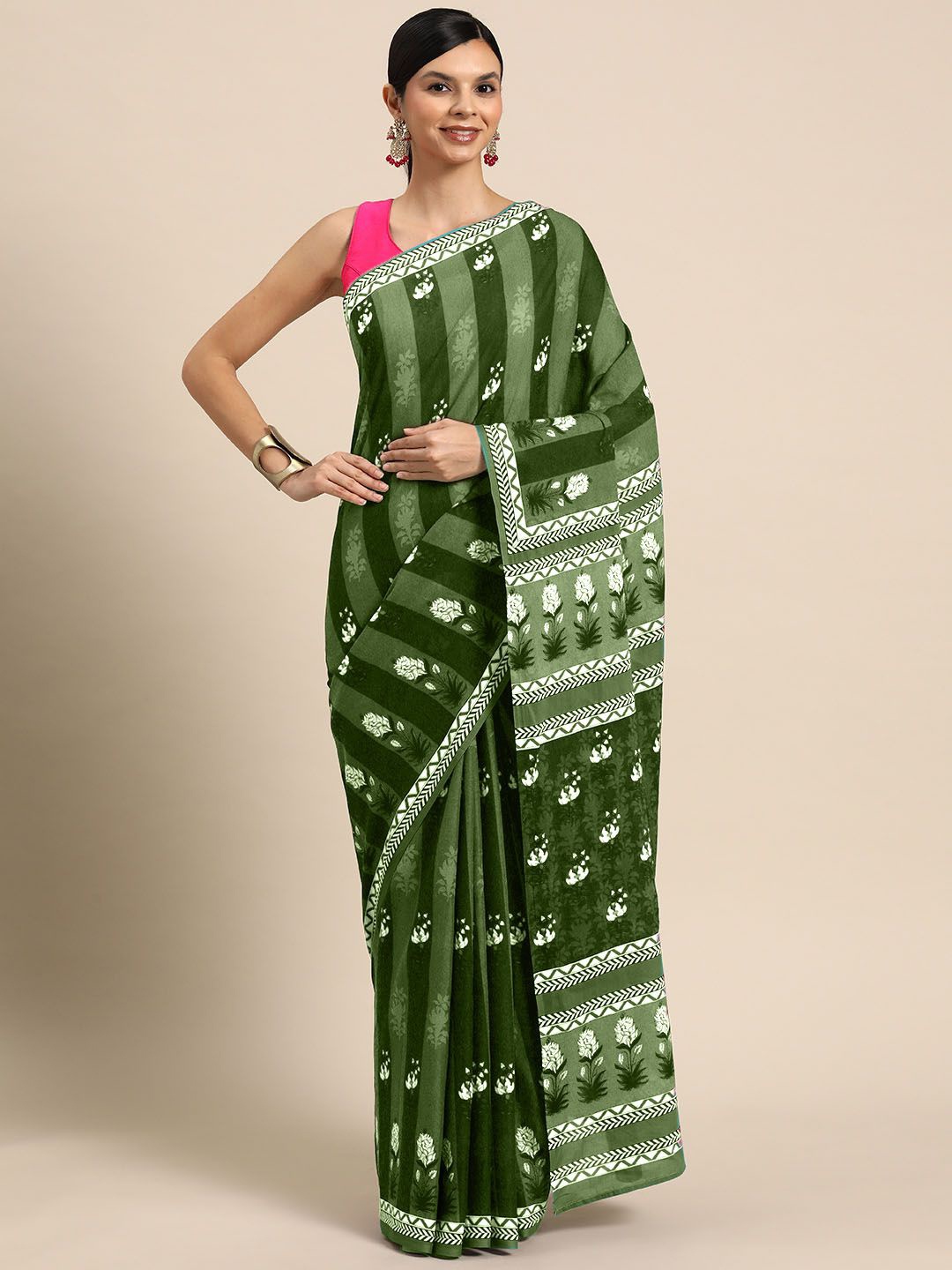 

BUTA BUTI Floral Pure Cotton Saree, Green