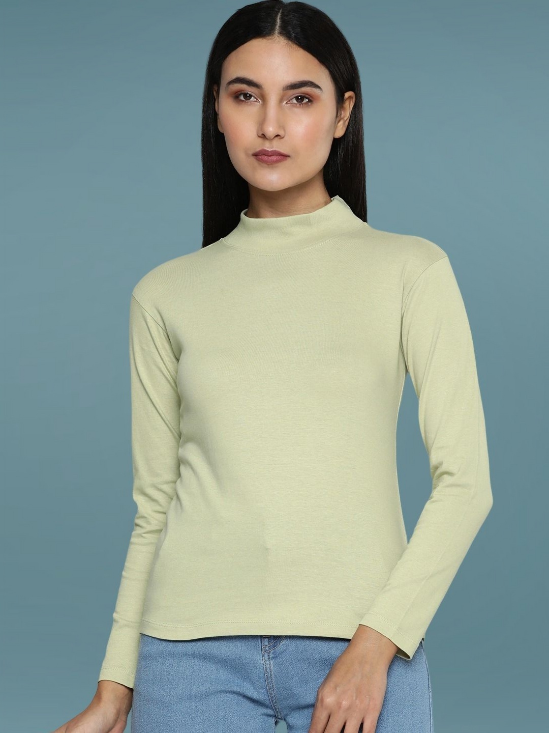 

DressBerry Women Solid High Neck Cotton Slim Fit T-shirt, Olive