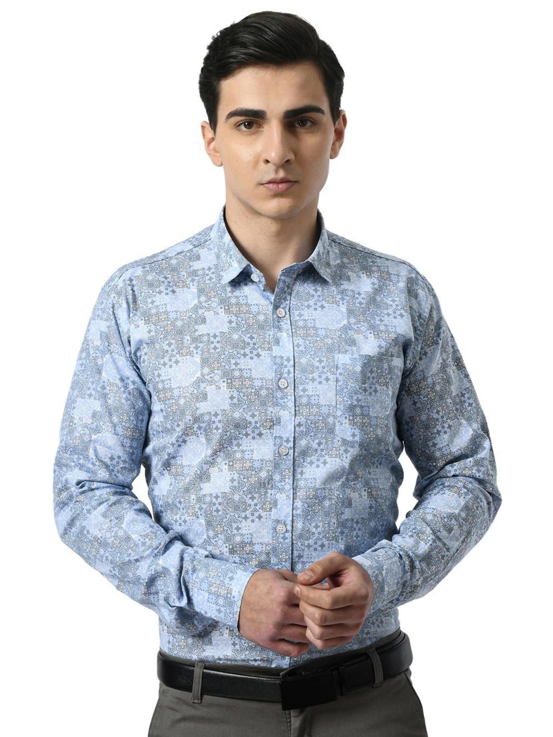 

PEBCO Men Classic Ethnic Motifs Printed Cotton Slim Fit Casual Shirt, Blue