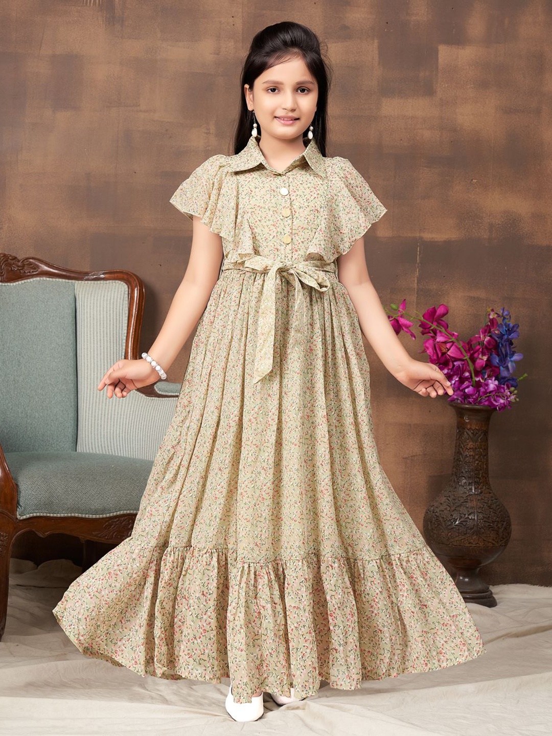 

BAESD Floral Print Flutter Sleeve Georgette Maxi Dress, Green