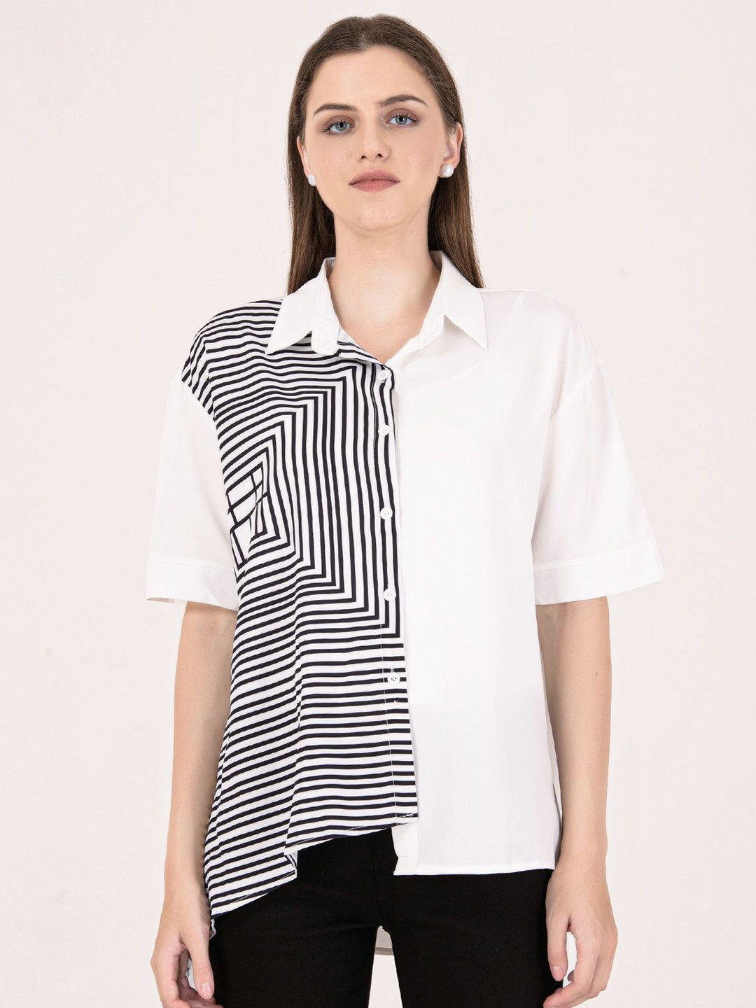 

Albion By CnM Women Horizontal Striped Shirt Collar Top, White