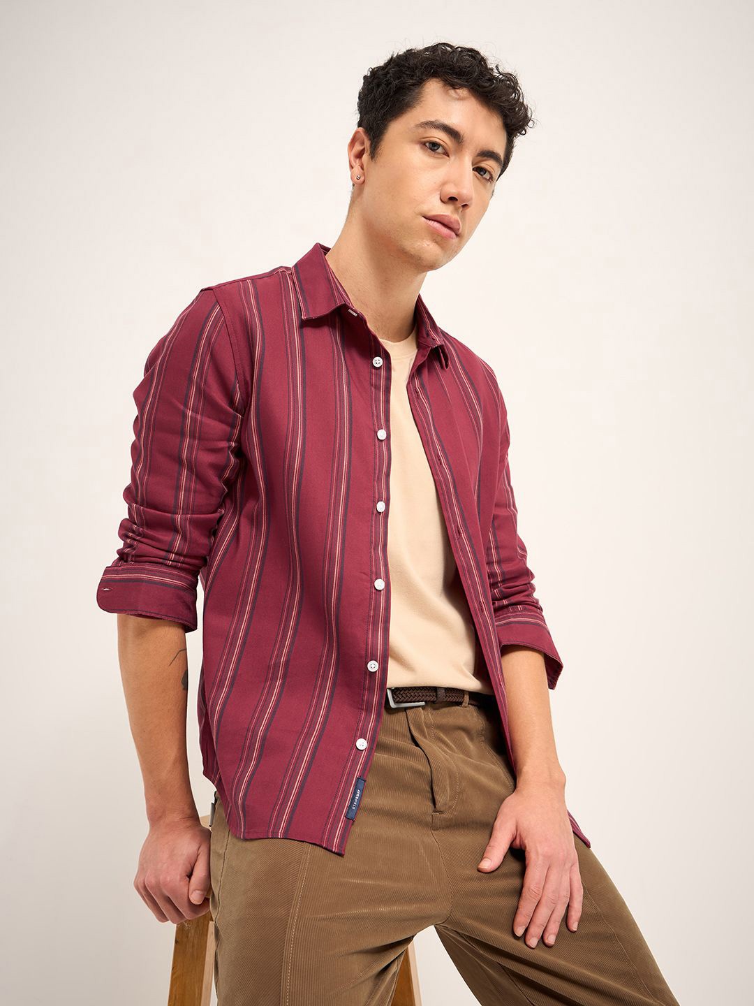 

THE BEAR HOUSE Men Vertical Striped Cotton Slim Fit Casual Shirt, Red