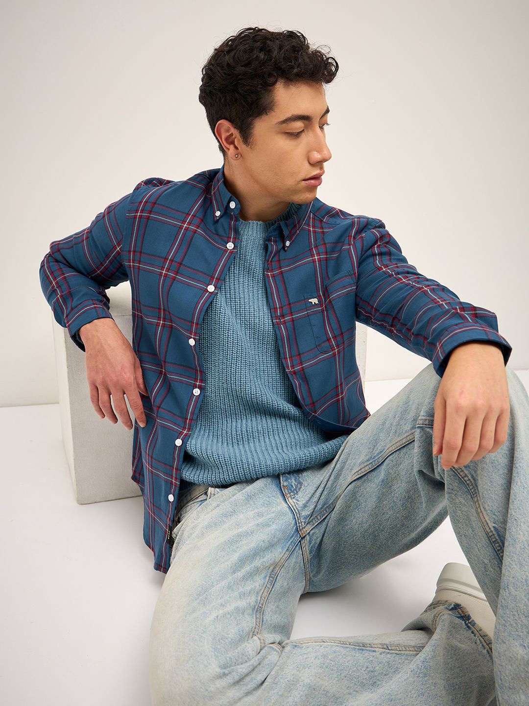 

THE BEAR HOUSE Men Tartan Checked Slim Fit Casual Shirt, Blue