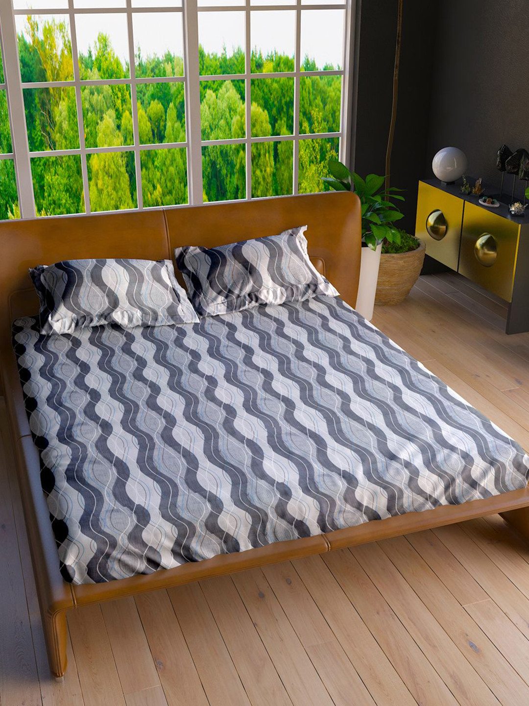 

LABHAM Blue & Grey Striped Printed 160 TC Pure Cotton King Bedsheet With 2 Pillow Covers