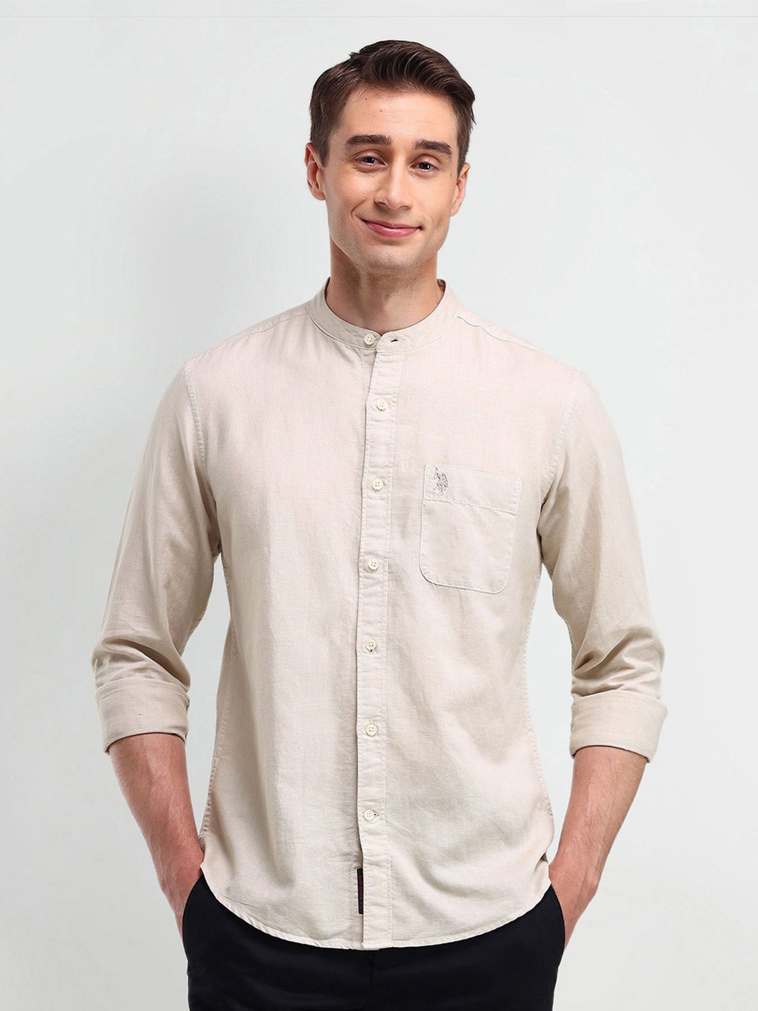 

U.S. Polo Assn. Denim Co. Men Mandarin Collar Solid Linen Slim Fit Casual Shirt, Grey
