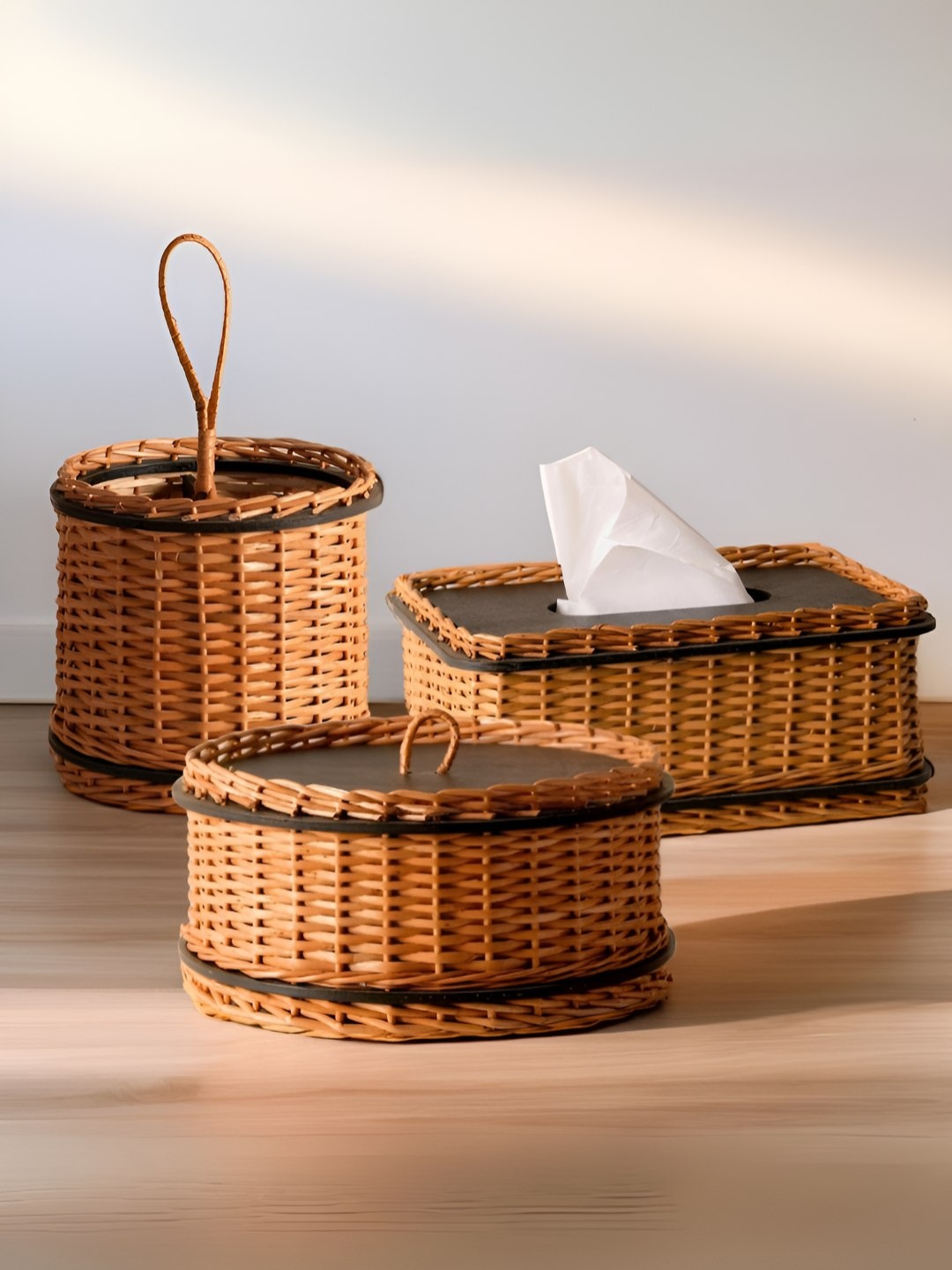 

Peepul Tree 3Pcs Wicker Storage Box With Tissue Box & Cutlery Holder Combo-, Brown