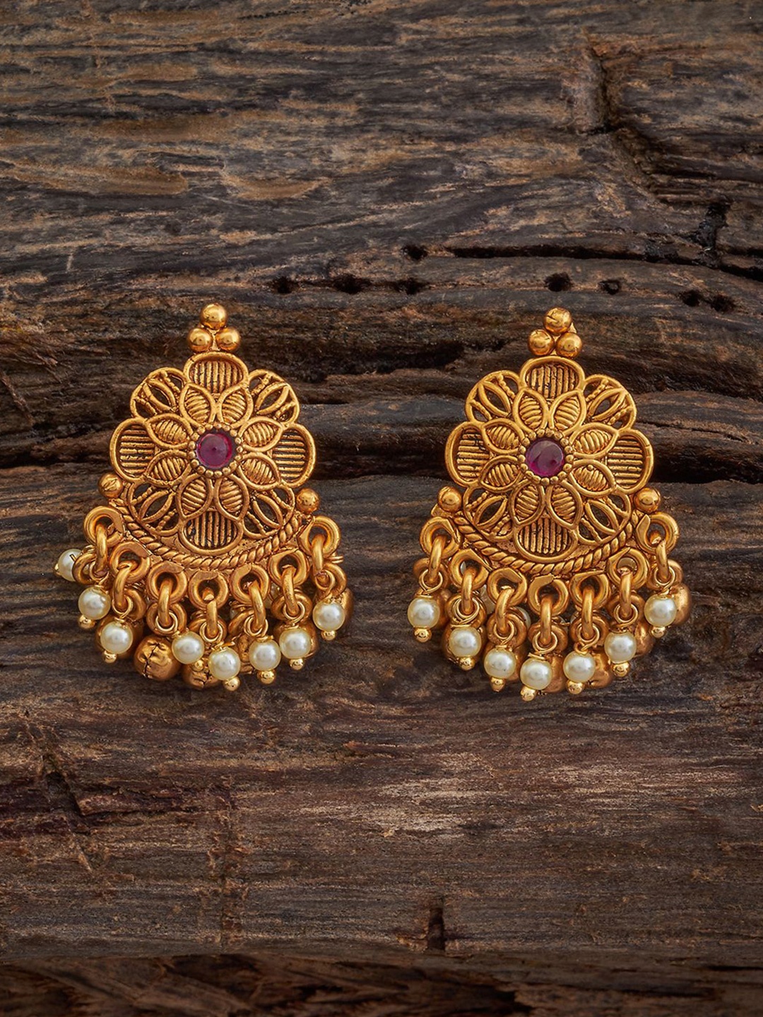 

Kushal's Fashion Jewellery Gold-Plated Artificial Beaded Antique Floral Drop Earrings, Red