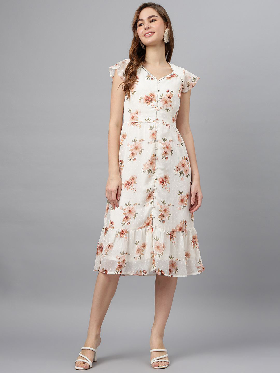 

Latin Quarters Floral Print Flutter Sleeve A-Line Midi Dress, Peach