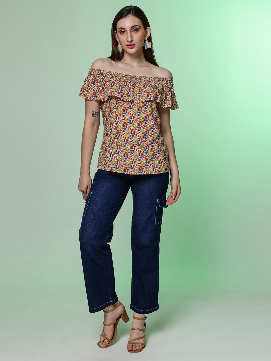 

DEBONATELLA Women Floral Printed Off-Shoulder Top, Green