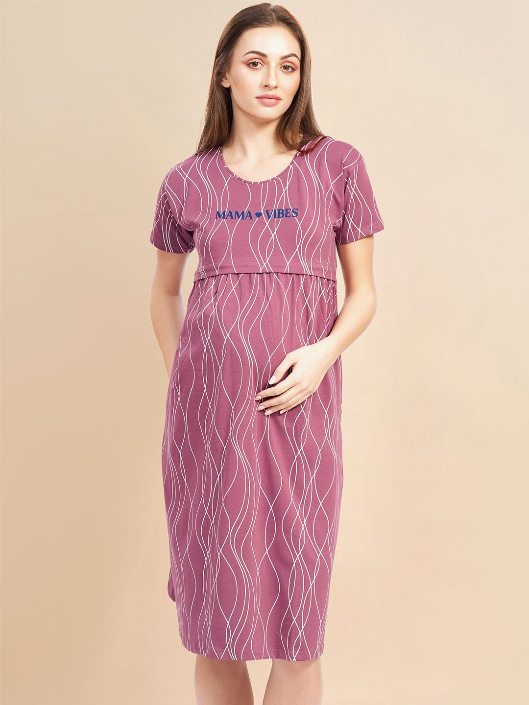 

PASTEL CLIP Wavy Stripe Printed Pure Cotton Maternity T-Shirt Nightdress, Pink