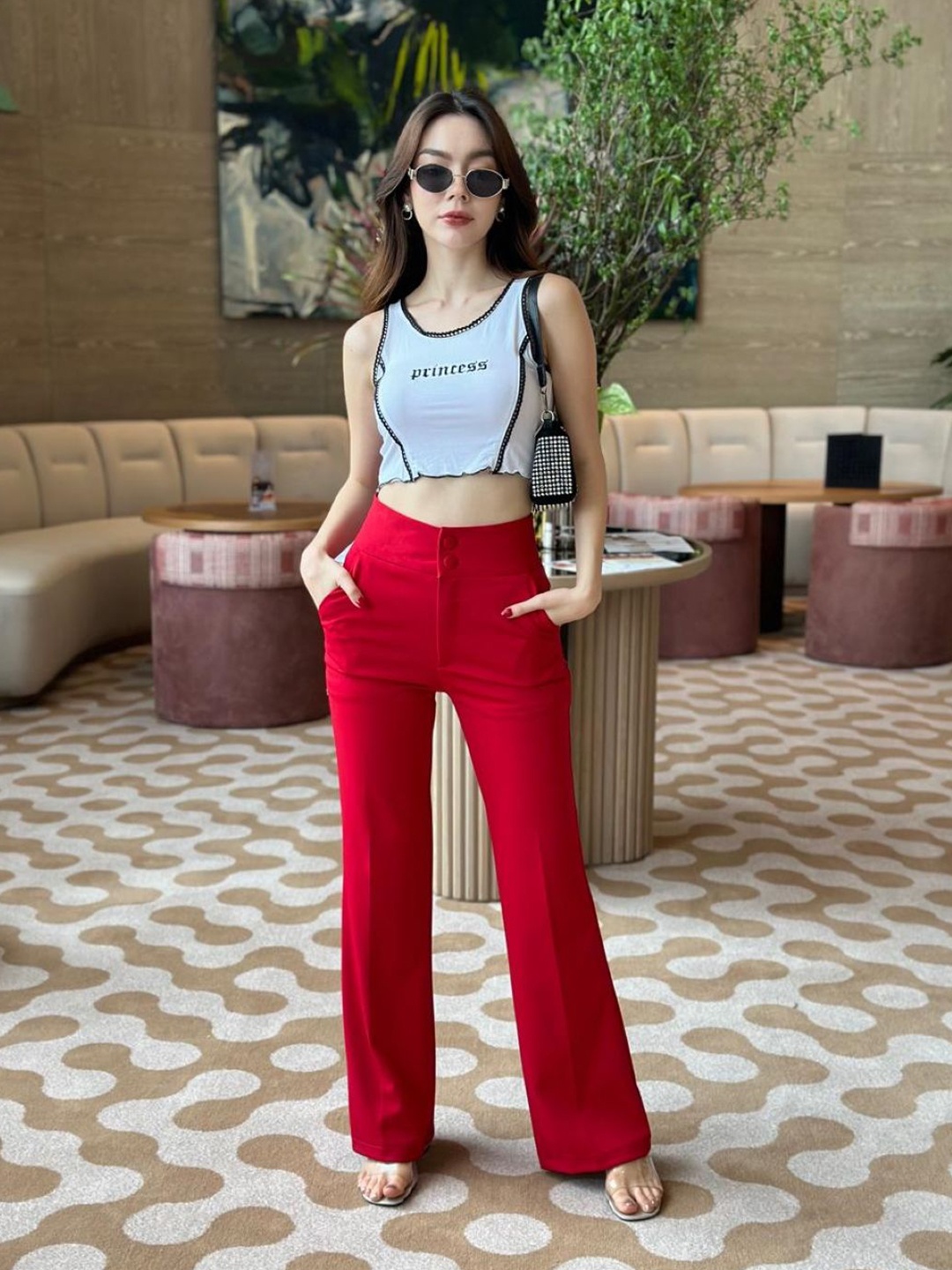 

StyleAsh Women Flared High-Rise Trousers, Red