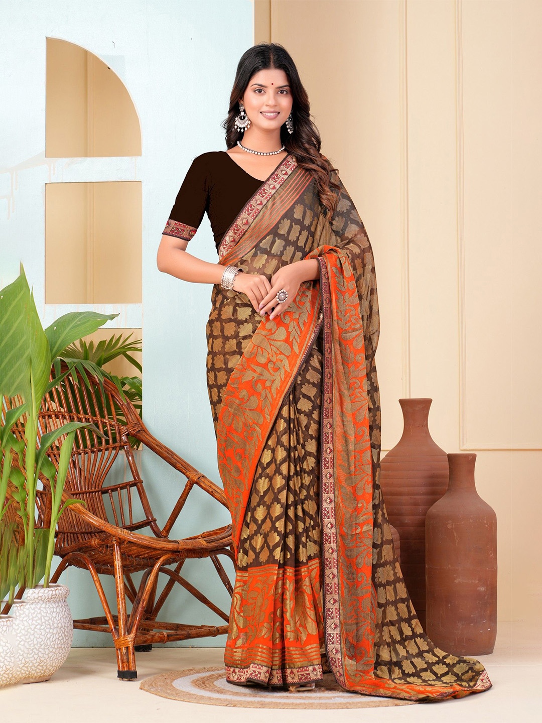 

EMV Ethnic Motifs Woven Design Saree, Brown