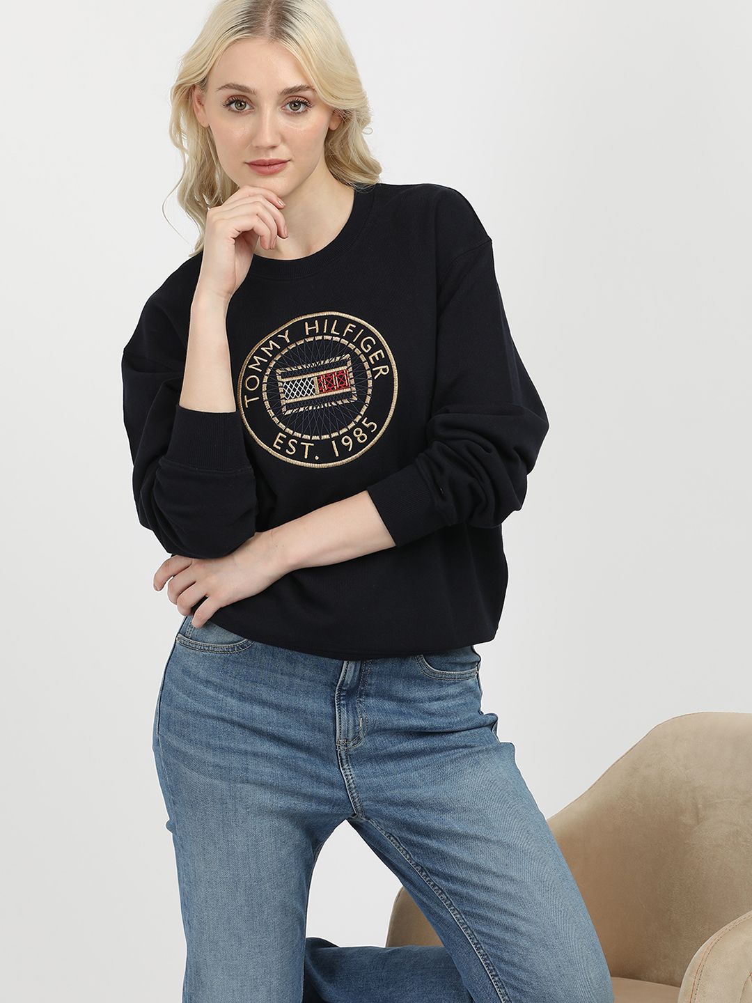 

Tommy Hilfiger Women Typography Printed Round Neck Pure Cotton Sweatshirt, Navy blue