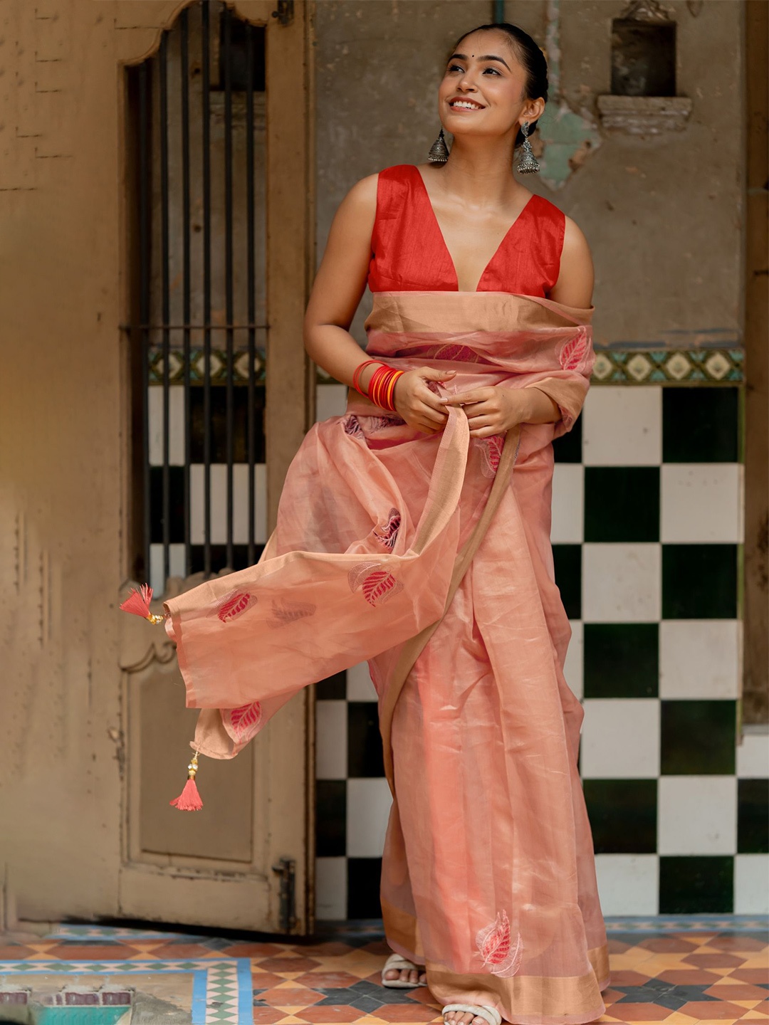 

Subham Floral Zari Organza Saree, Orange