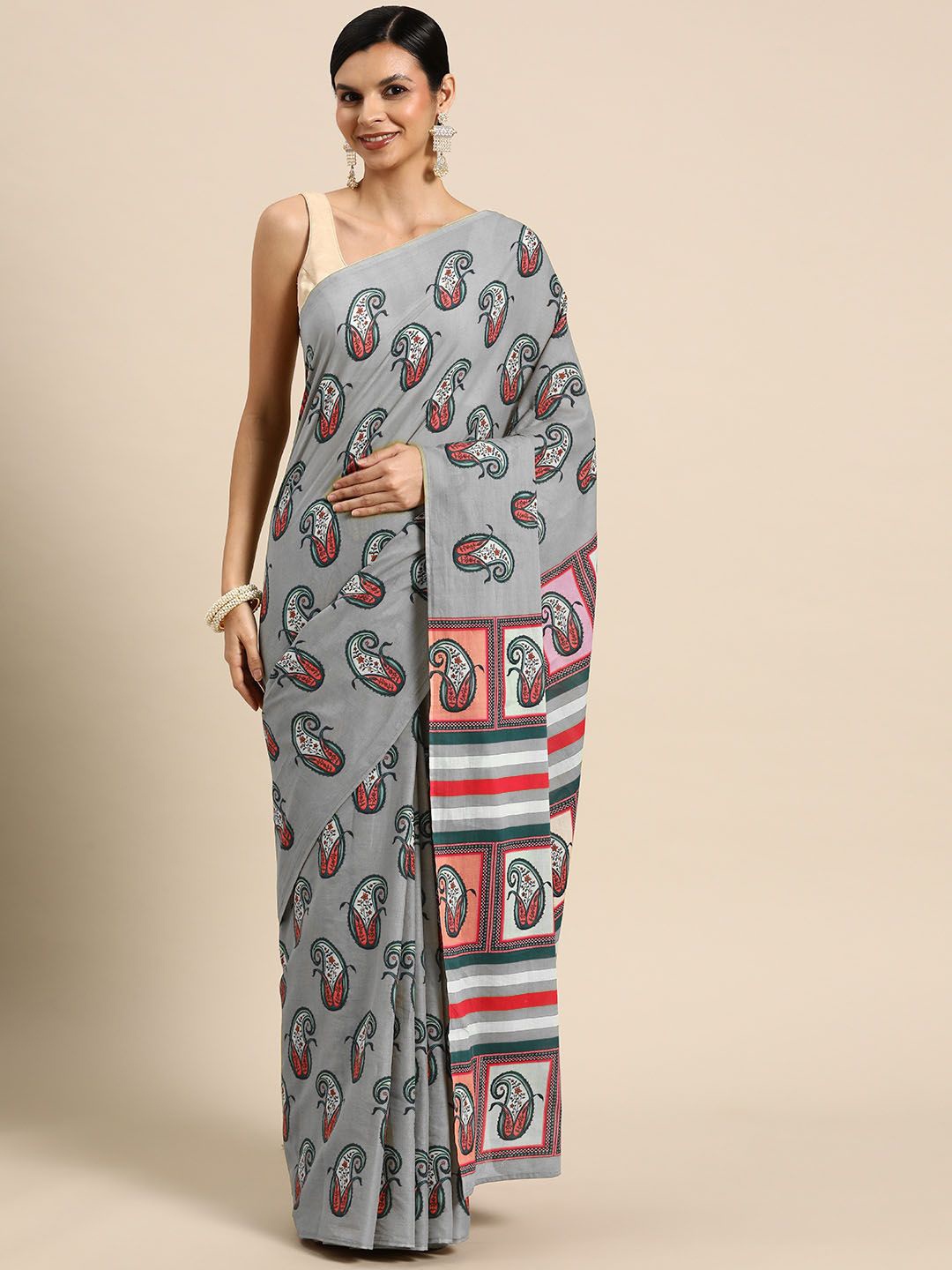 

BUTA BUTI Floral Pure Cotton Saree, Red